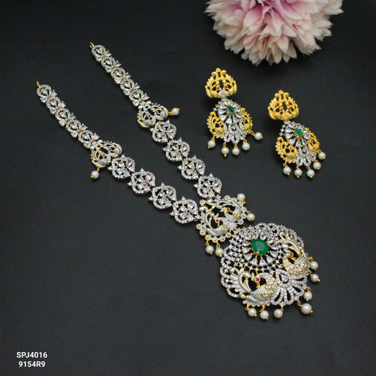 4016GJ Double Peacock Short Necklace Set Green With Screw Back Earrings