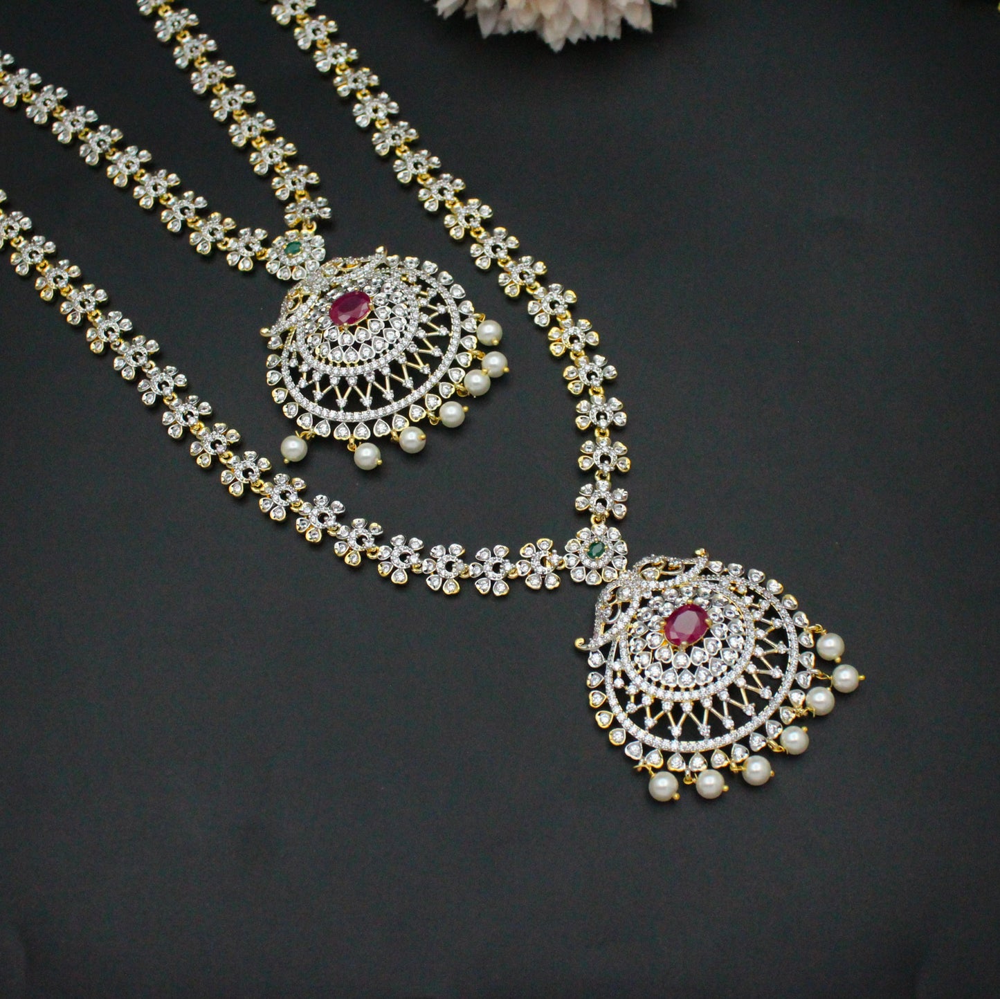 27999 Diamond Look Combo Necklace Set Red With Push Back Earrings