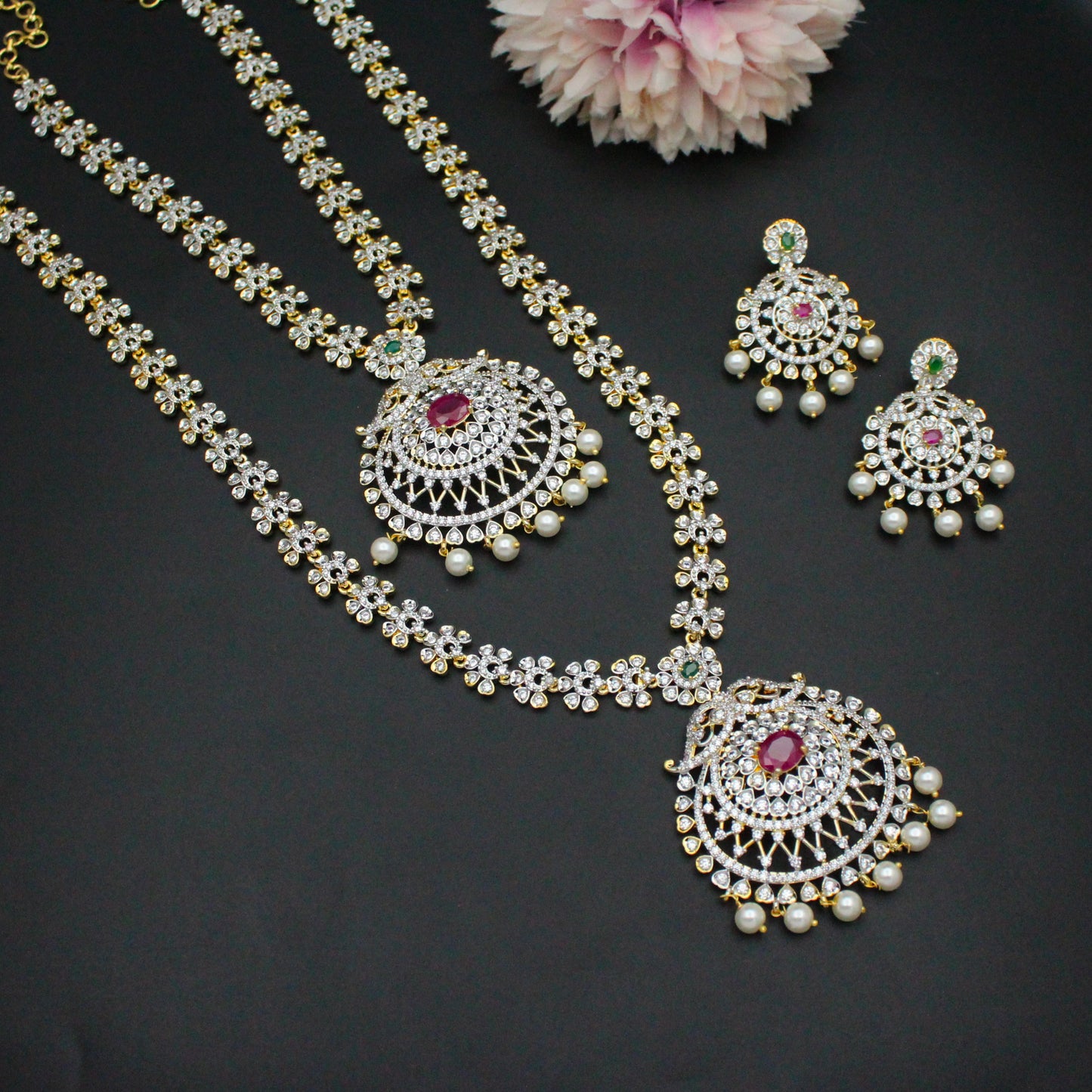 27999 Diamond Look Combo Necklace Set Red With Push Back Earrings