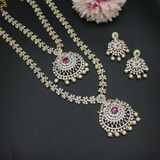 27999 Diamond Look Combo Necklace Set Red With Push Back Earrings