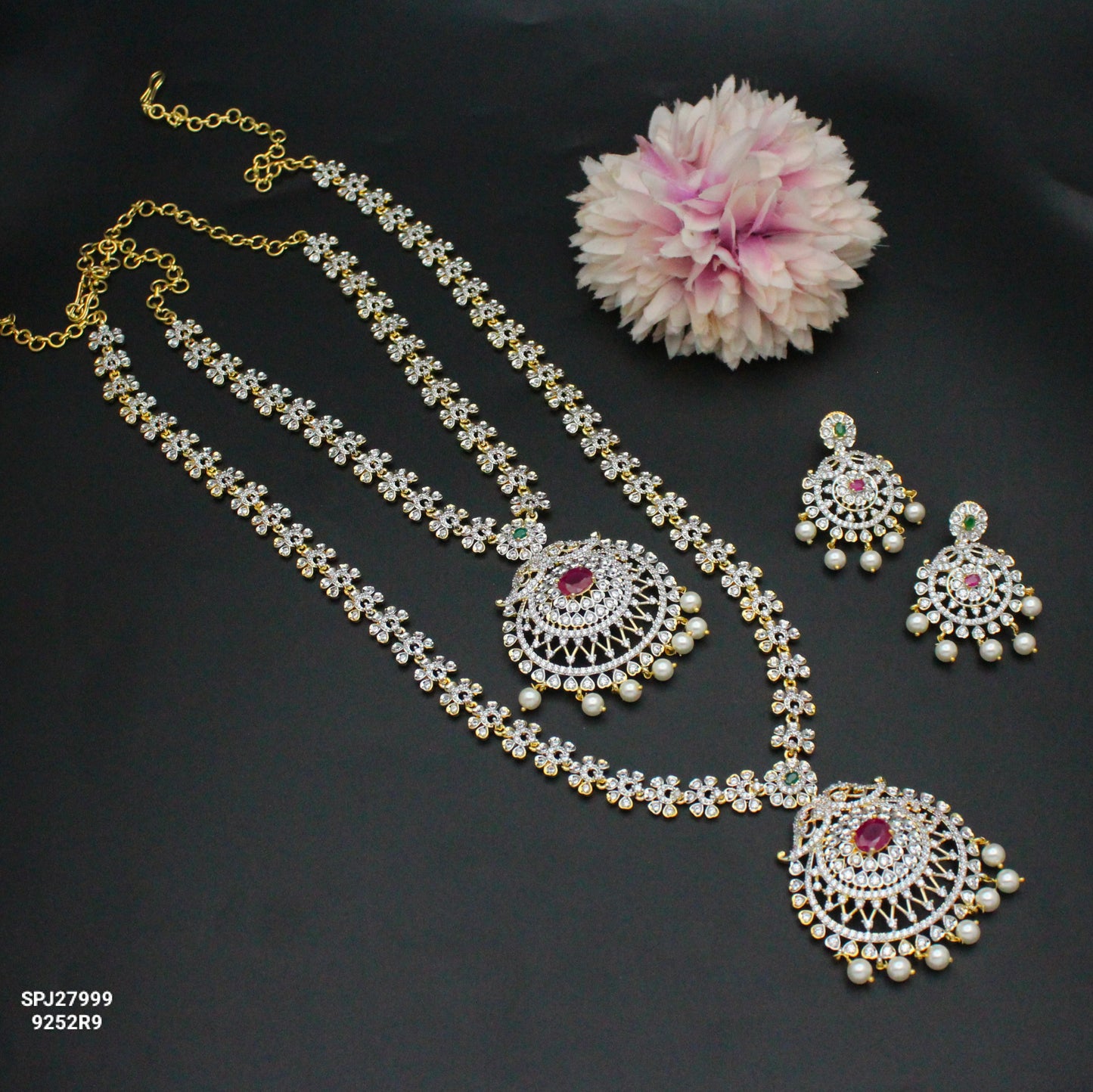 27999 Diamond Look Combo Necklace Set Red With Push Back Earrings