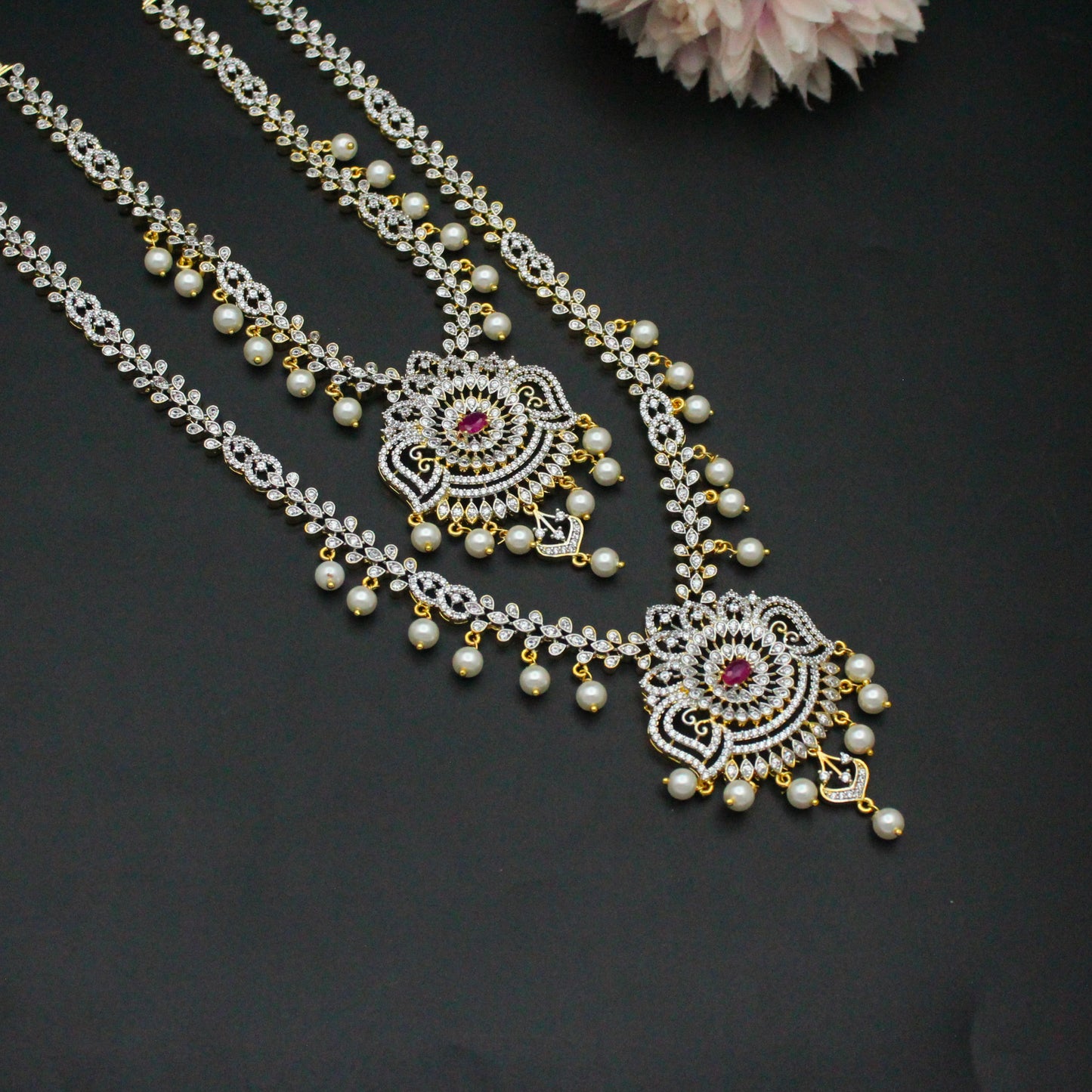 4184 Diamond Look Flower Red Combo Necklace Set With Push Back Earrings