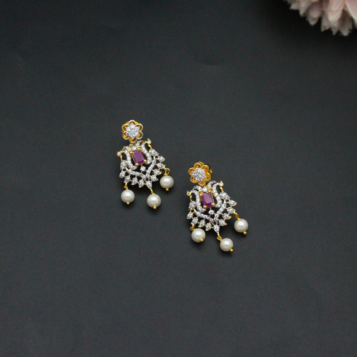 4184 Diamond Look Flower Red Combo Necklace Set With Push Back Earrings