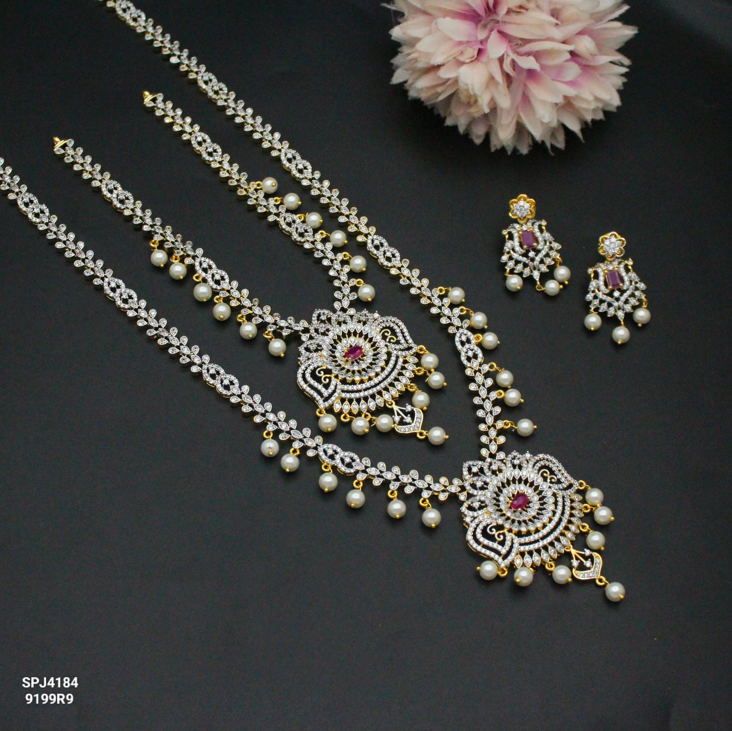 4184 Diamond Look Flower Red Combo Necklace Set With Push Back Earrings