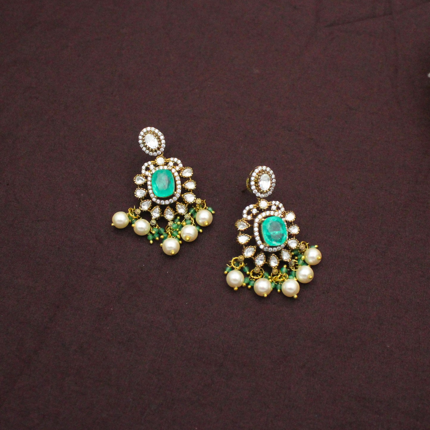 42480 Victorian Moissanite Mint Green Poth Mala Necklace Set With Push Back Earrings