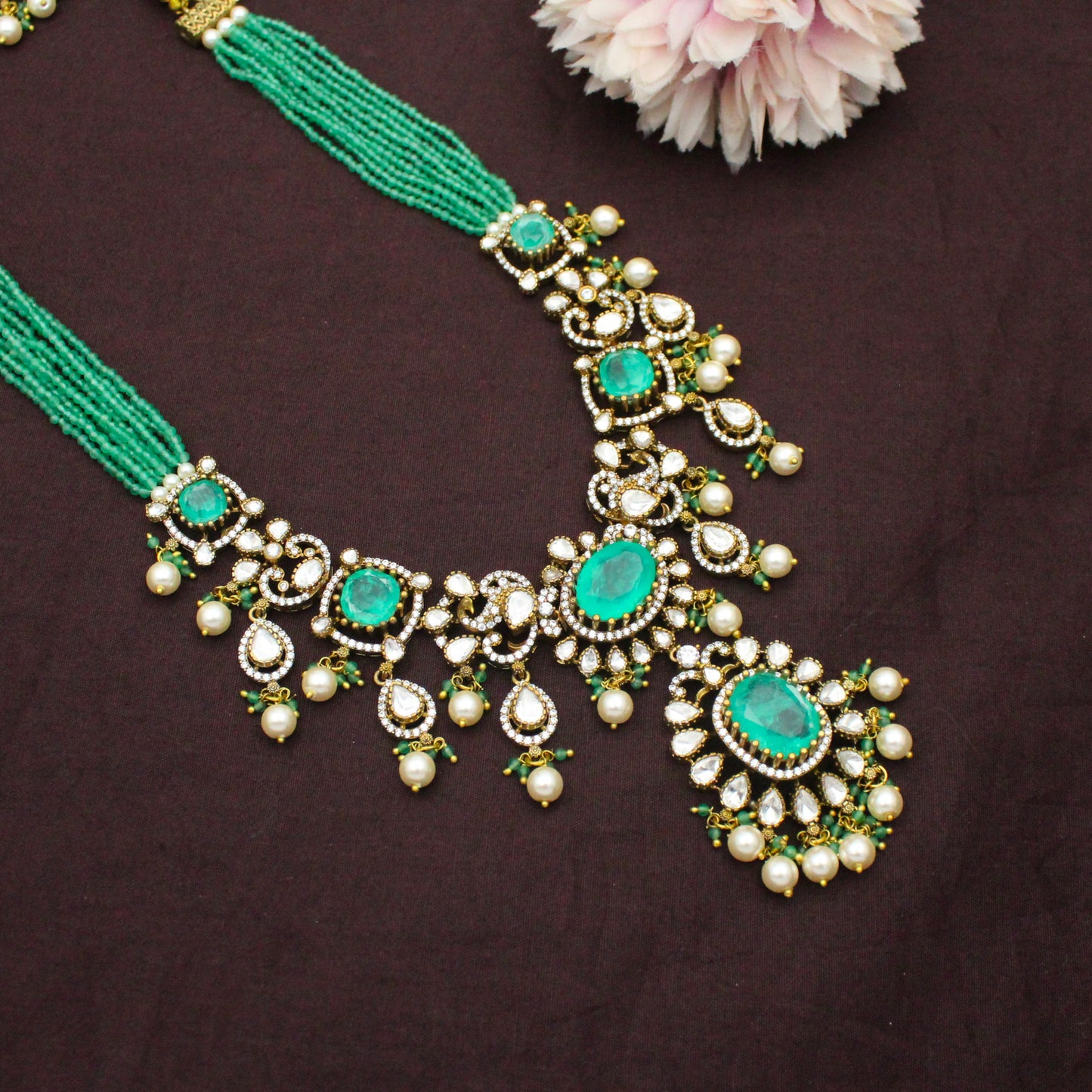42480 Victorian Moissanite Mint Green Poth Mala Necklace Set With Push Back Earrings