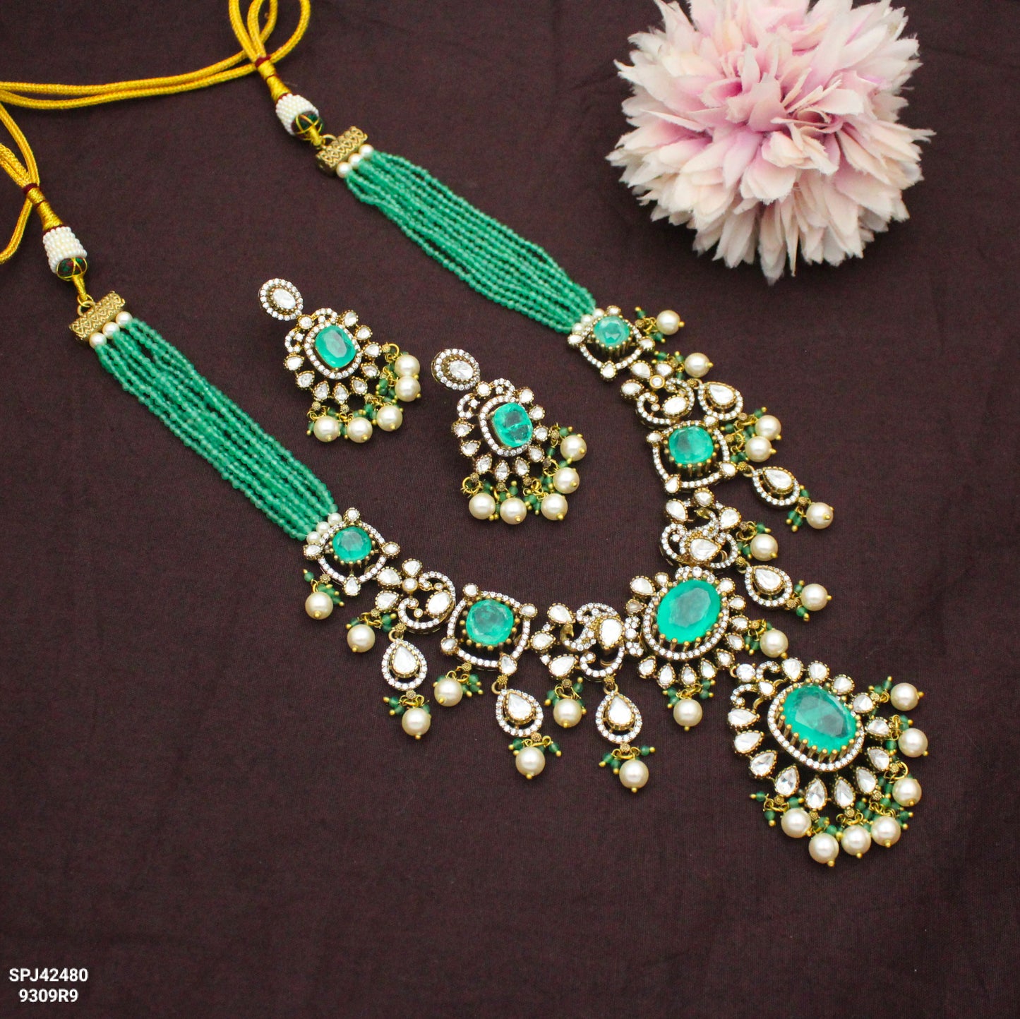 42480 Victorian Moissanite Mint Green Poth Mala Necklace Set With Push Back Earrings
