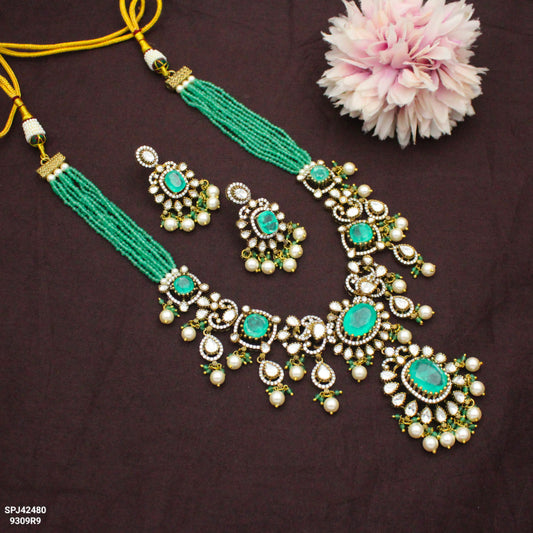 42480 Victorian Moissanite Mint Green Poth Mala Necklace Set With Push Back Earrings