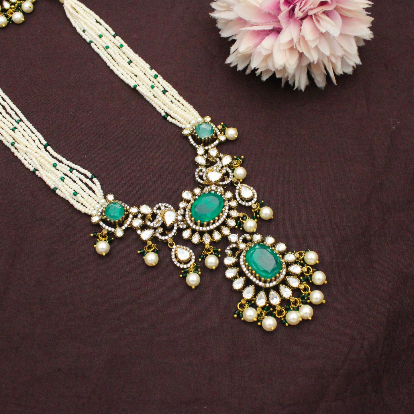 42479 Victorian Moissanite White Poth Mala Green With Push Back Earrings
