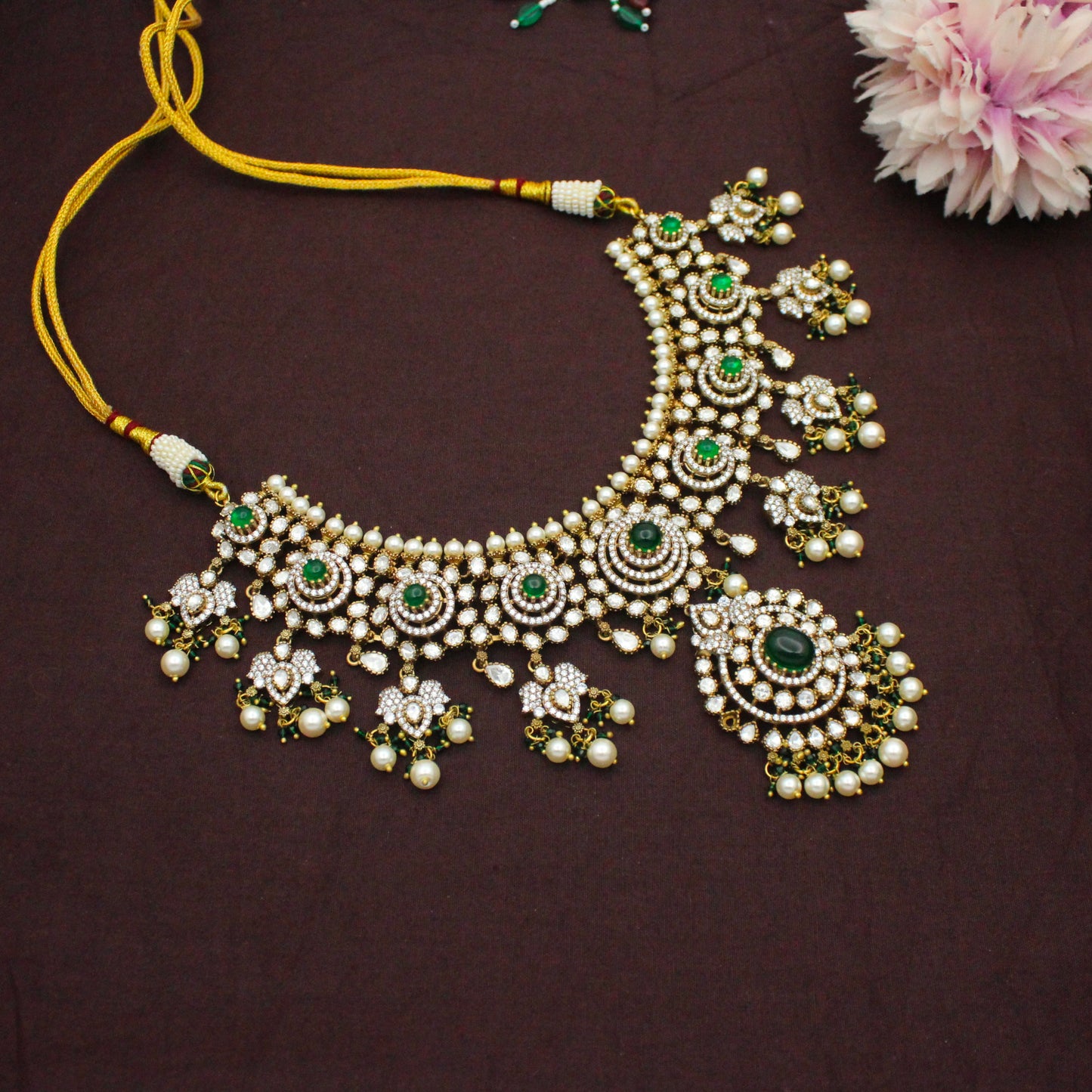 42481 Victorian Moissanite Green Broad Necklace Set With Push Back Earrings
