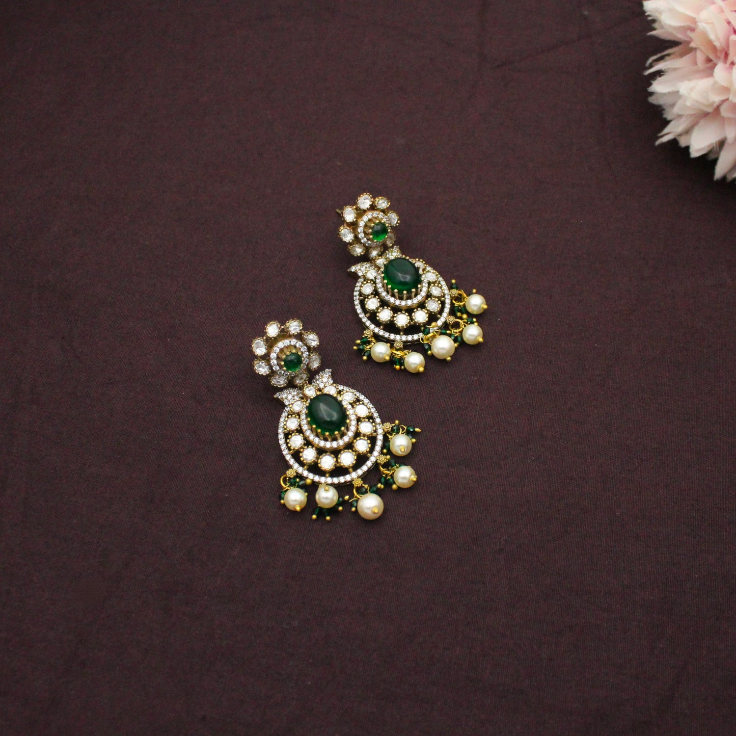 42481 Victorian Moissanite Green Broad Necklace Set With Push Back Earrings