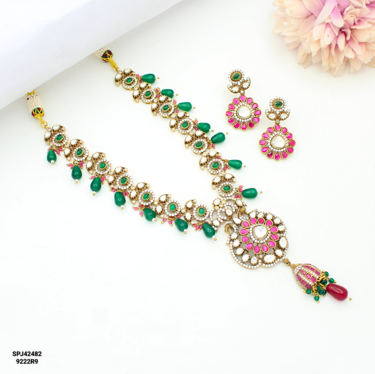 42482 Victorian Moissanite Short Necklace Set With Push Back Earrings