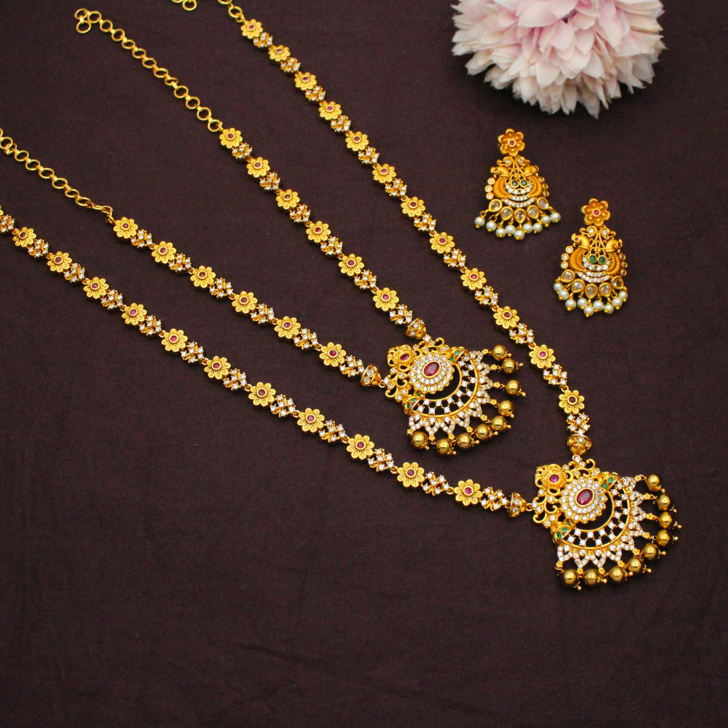 17875 Peacock Floral Combo Necklace Set With Push Back Earrings