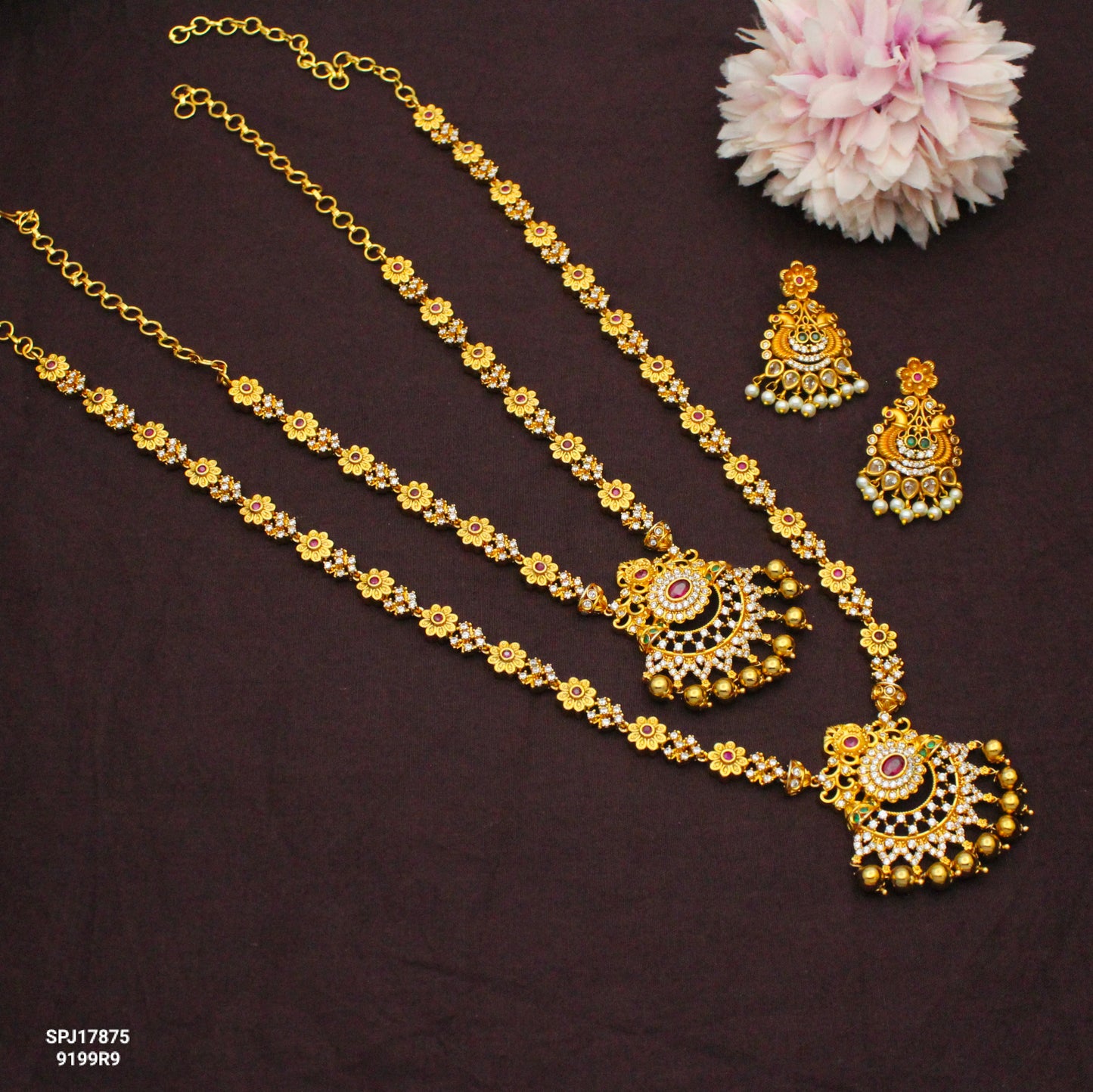 17875 Peacock Floral Combo Necklace Set With Push Back Earrings