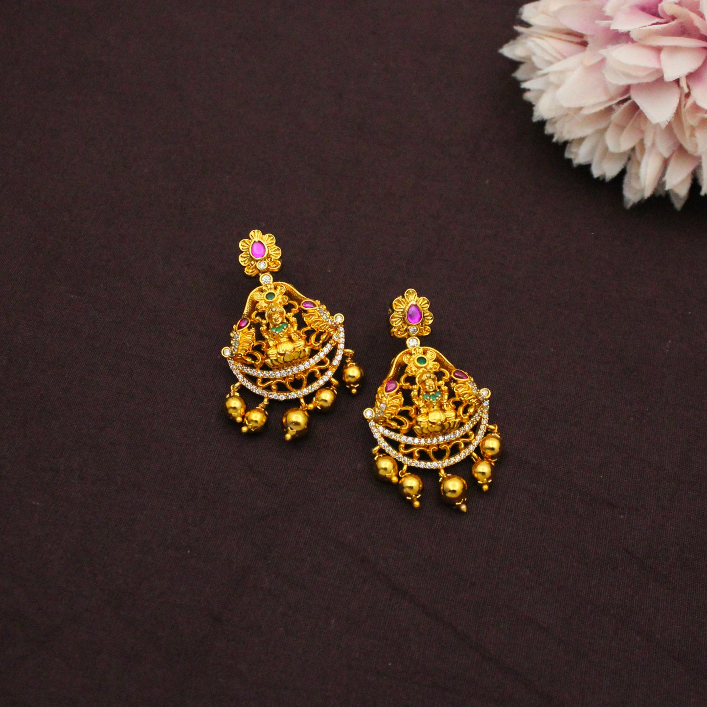 19937 Laxmi Golden Balls Combo Necklace Set With Push Back Earrings