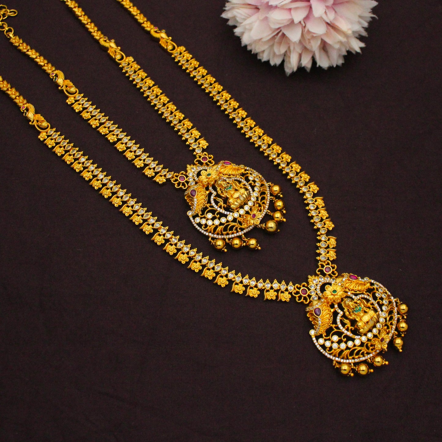 19937 Laxmi Golden Balls Combo Necklace Set With Push Back Earrings
