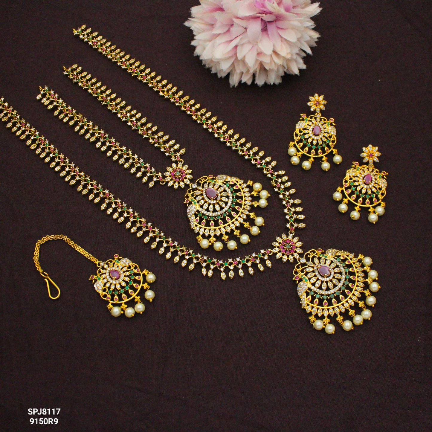 8117 CZ Multi Combo Necklace Set With Maangtikka
