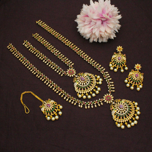 8117 CZ Multi Combo Necklace Set With Maangtikka