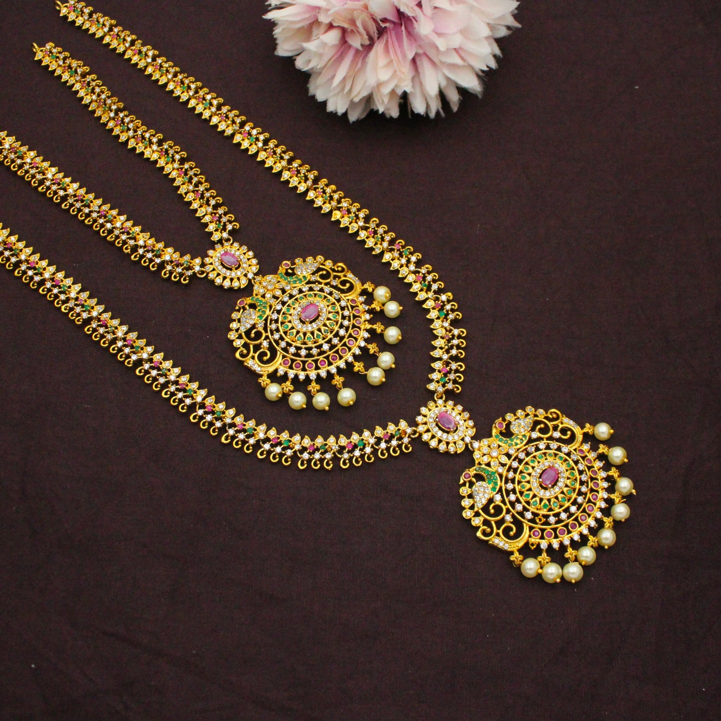 8109 CZ Multi Stone Combo Necklace Set With Maangtikka