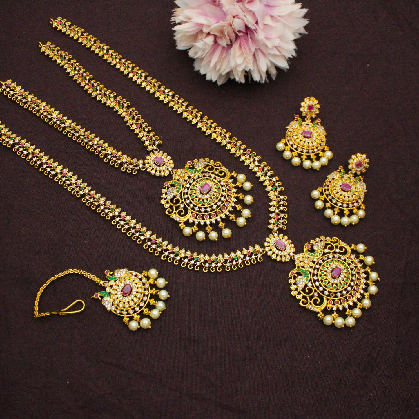 8109 CZ Multi Stone Combo Necklace Set With Maangtikka