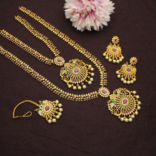 8109 CZ Multi Stone Combo Necklace Set With Maangtikka