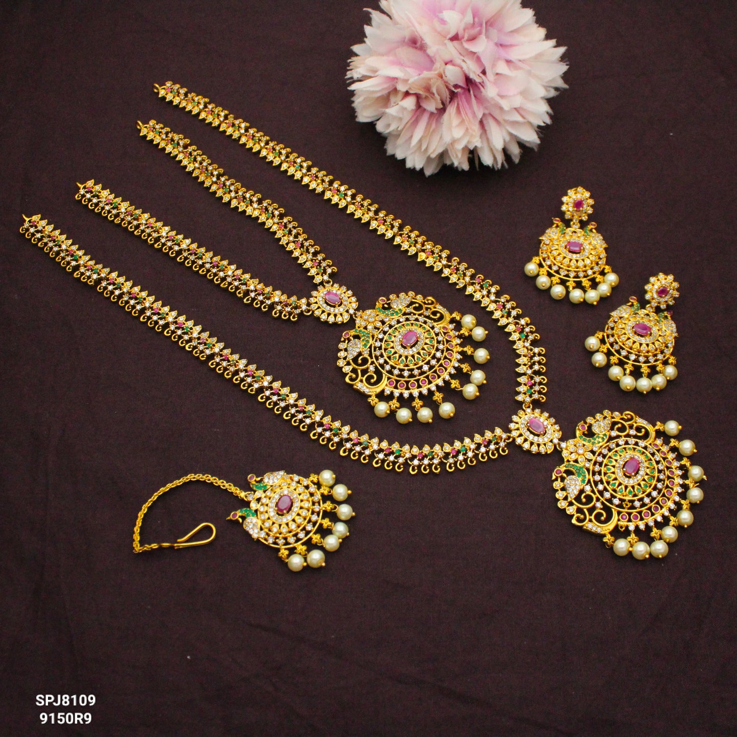 8109 CZ Multi Stone Combo Necklace Set With Maangtikka