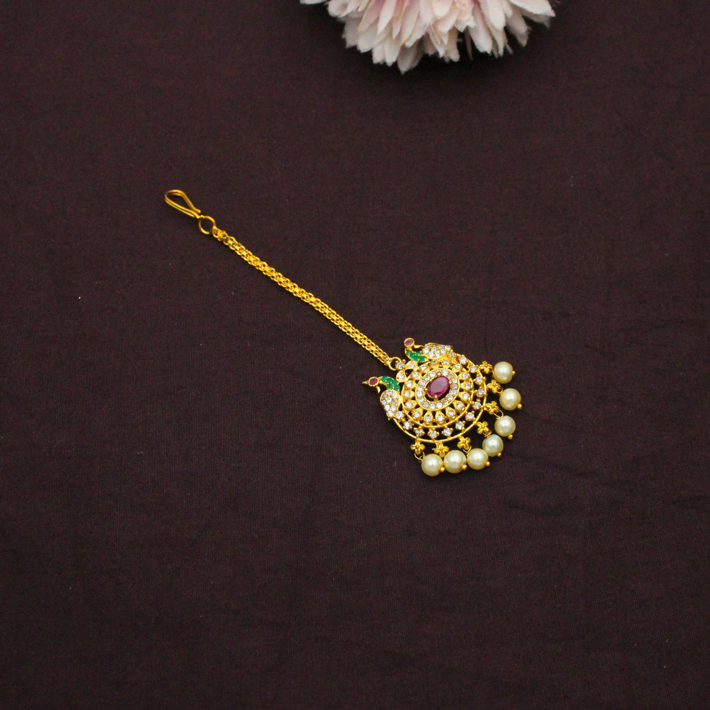 8109 CZ Multi Stone Combo Necklace Set With Maangtikka