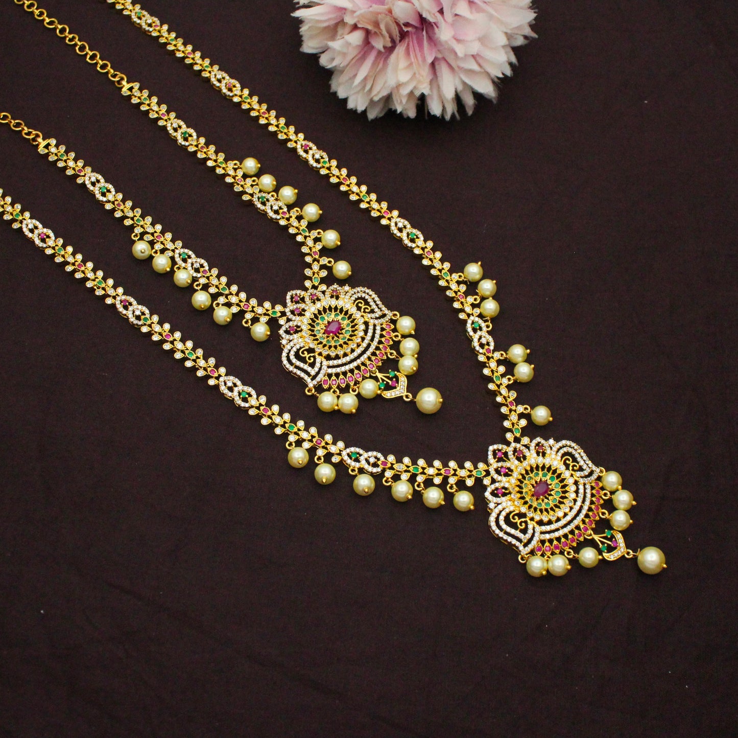 8546 Muti Stone CZ Combo Necklace Set With Maangtikka