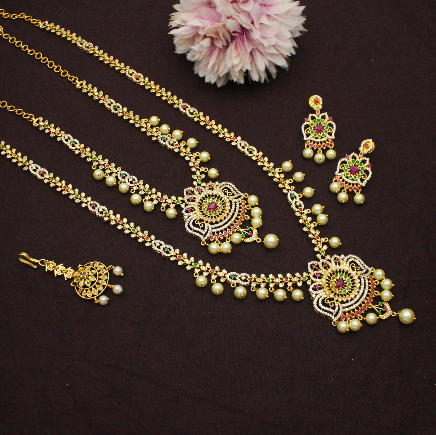 8546 Muti Stone CZ Combo Necklace Set With Maangtikka