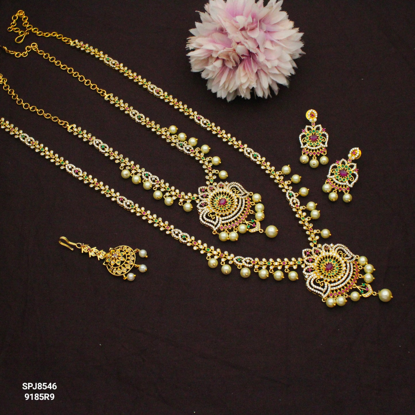 8546 Muti Stone CZ Combo Necklace Set With Maangtikka