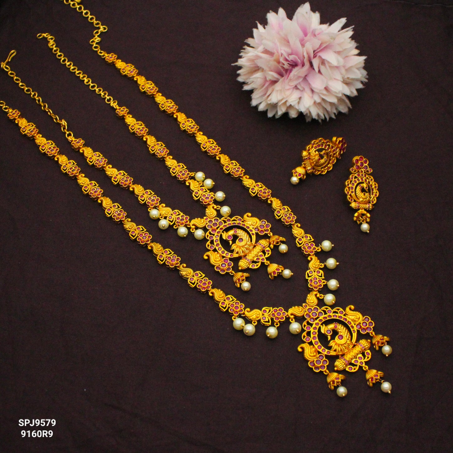9579 Peacock Ruby Stone Combo Necklace Set