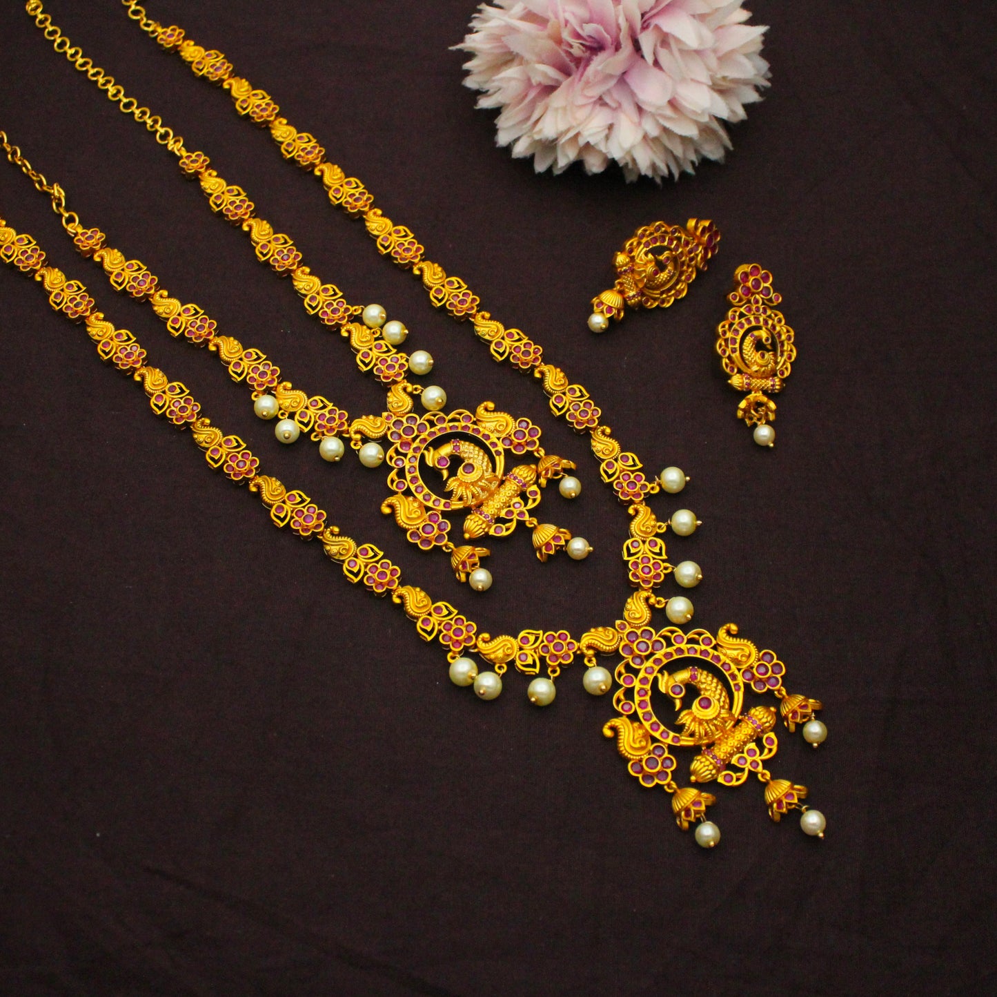 9579 Peacock Ruby Stone Combo Necklace Set