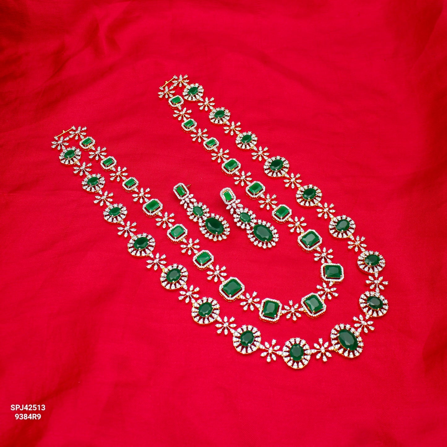 42513 GJ 2 Layers Long Necklace Set Green