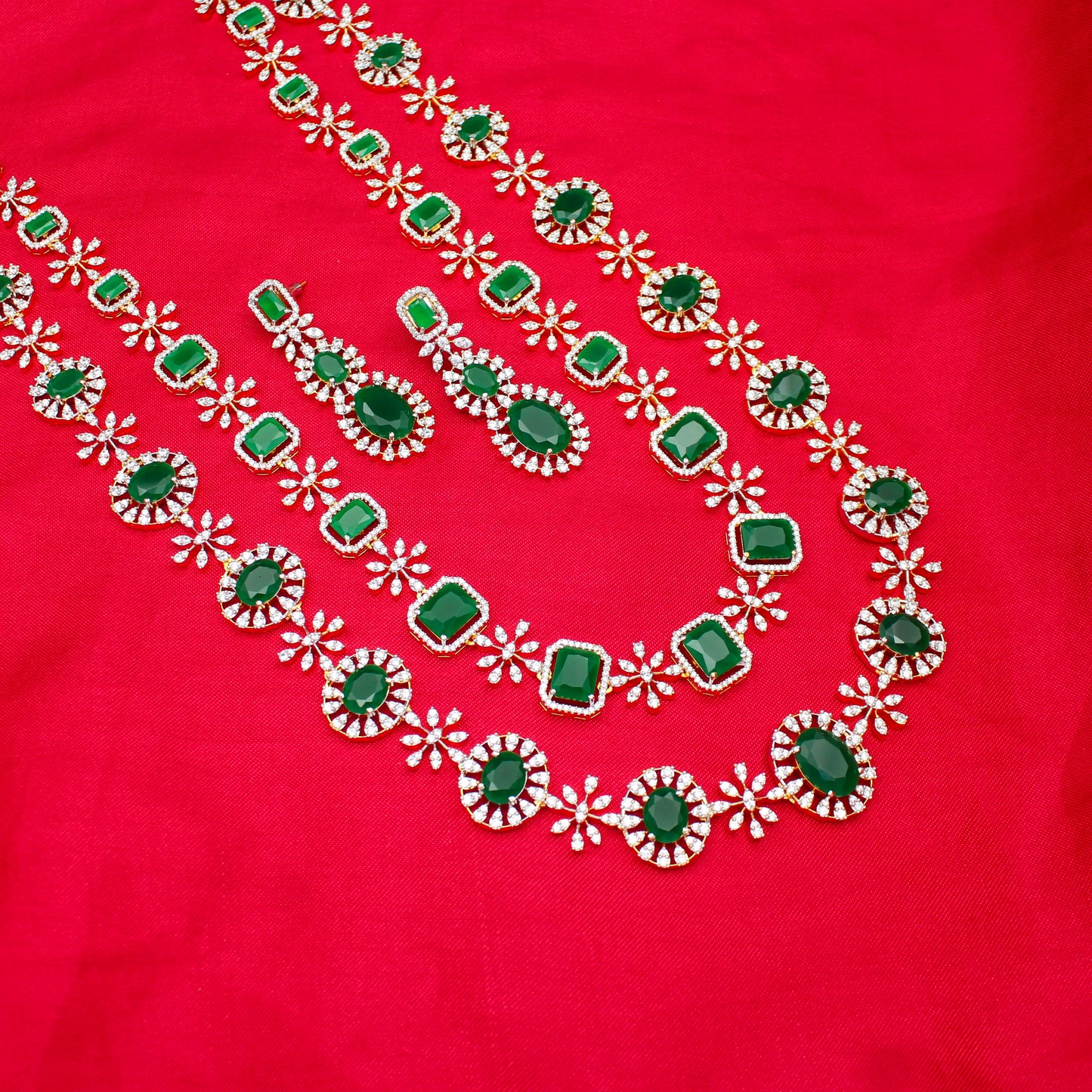 42513 GJ 2 Layers Long Necklace Set Green