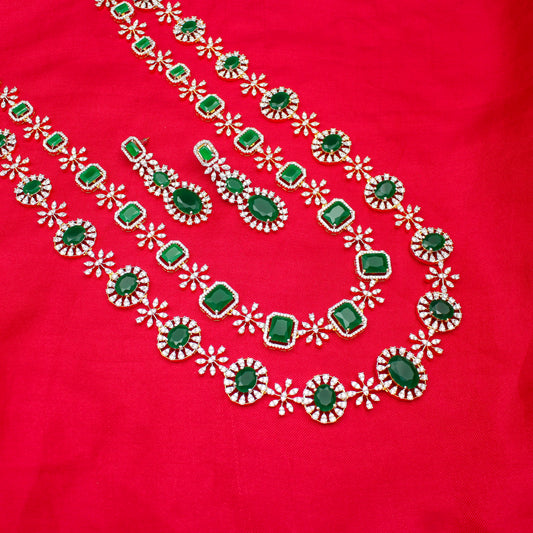 42513 GJ 2 Layers Long Necklace Set Green
