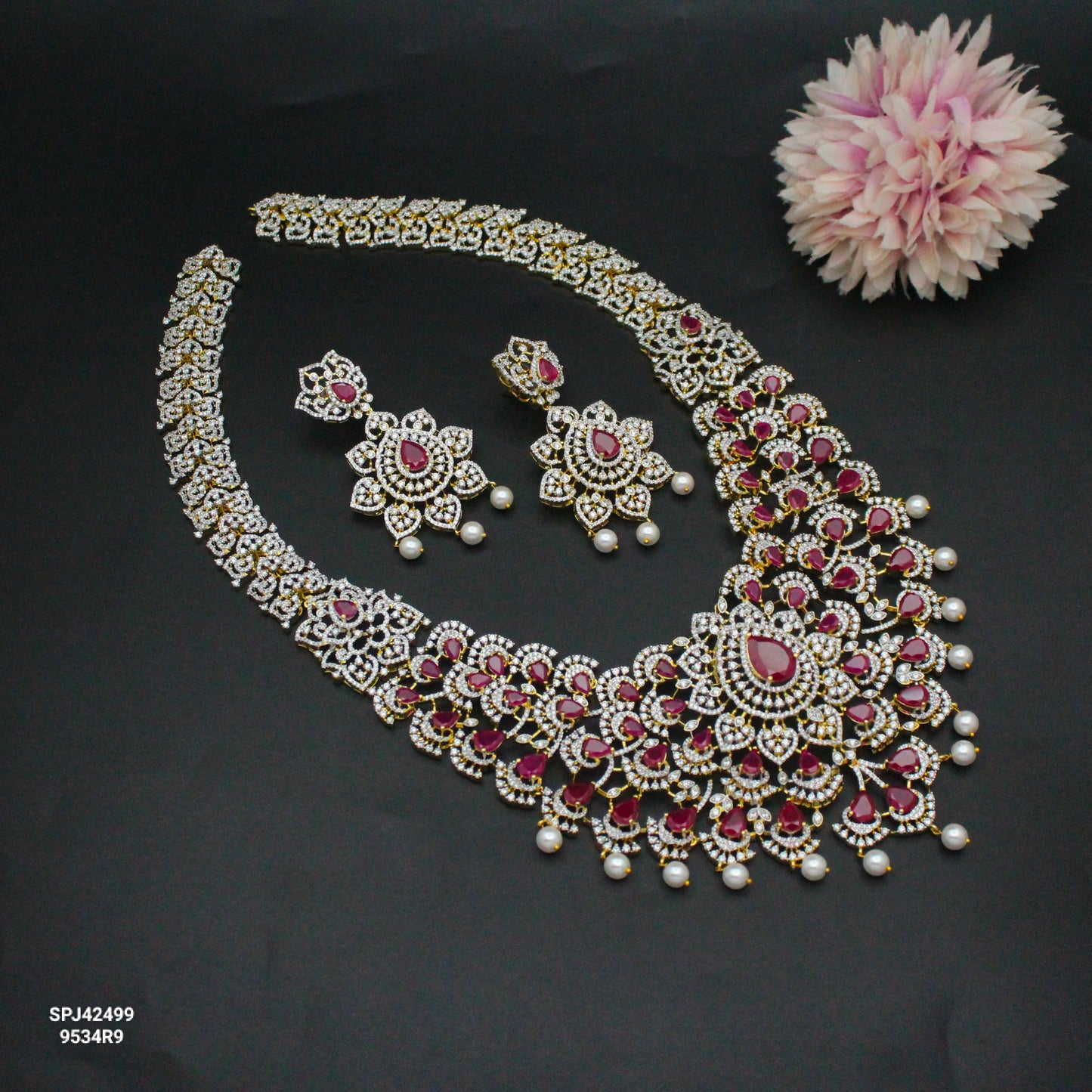 42499 GJ Broad Bridal Long Necklace Set Ruby
