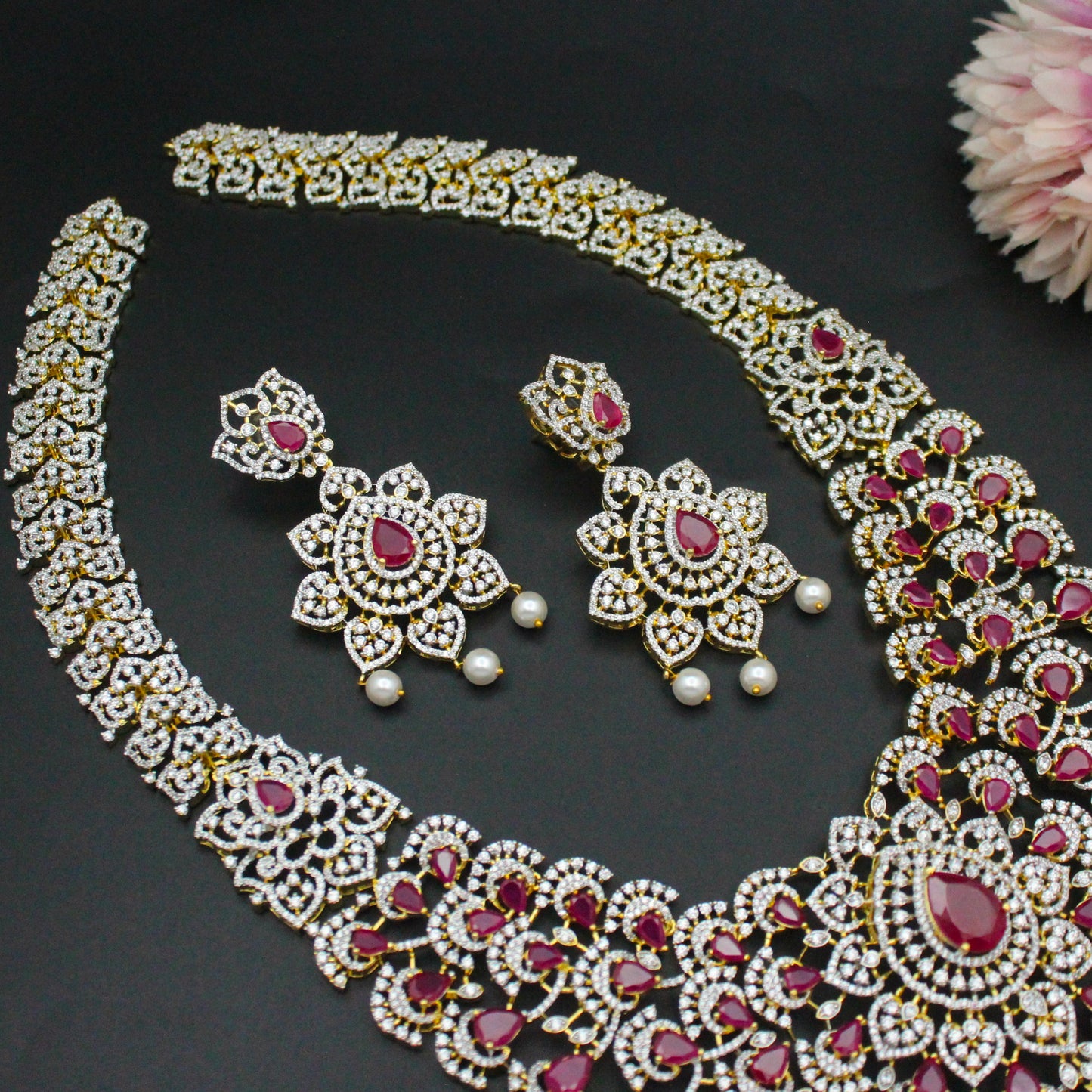 42499 GJ Broad Bridal Long Necklace Set Ruby