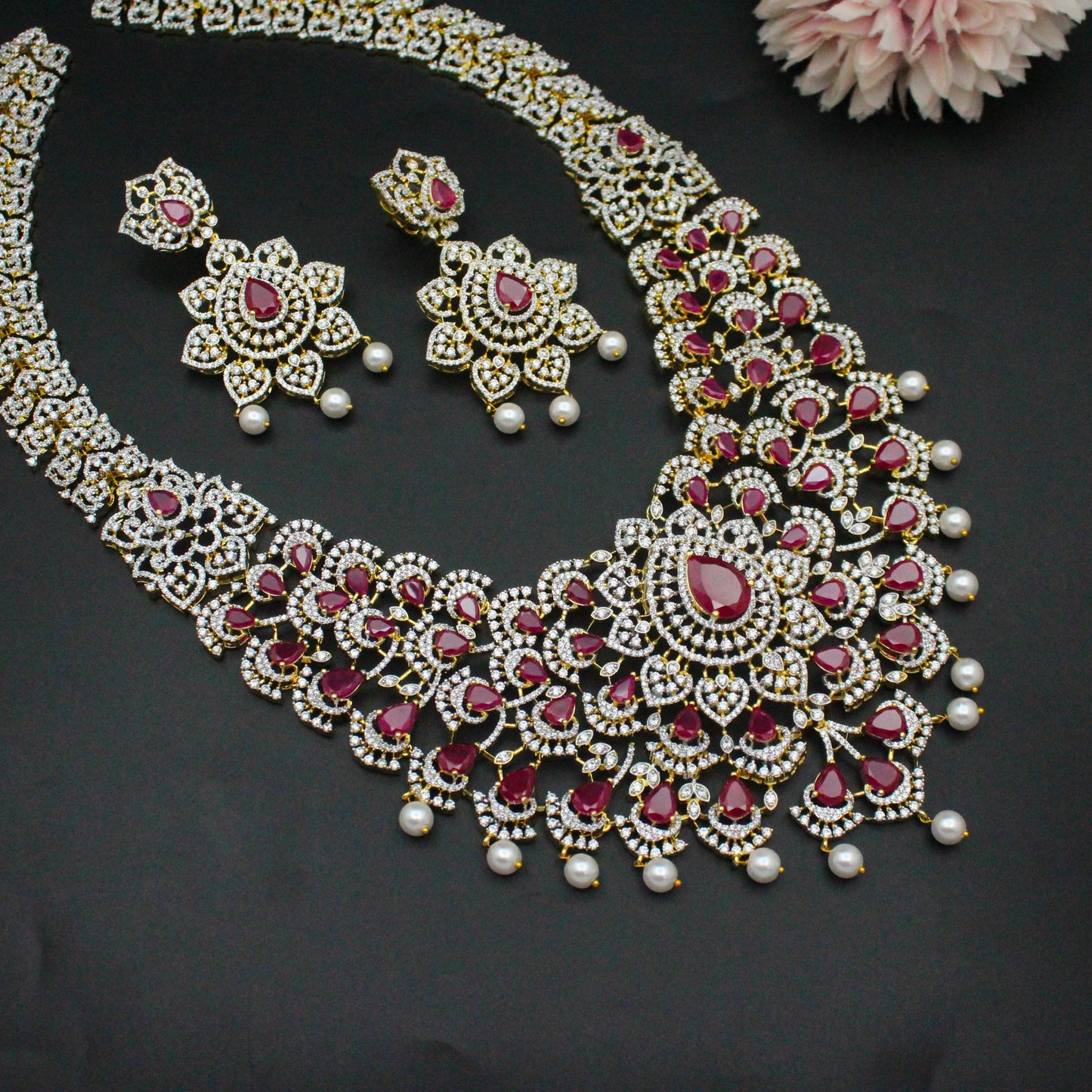42499 GJ Broad Bridal Long Necklace Set Ruby