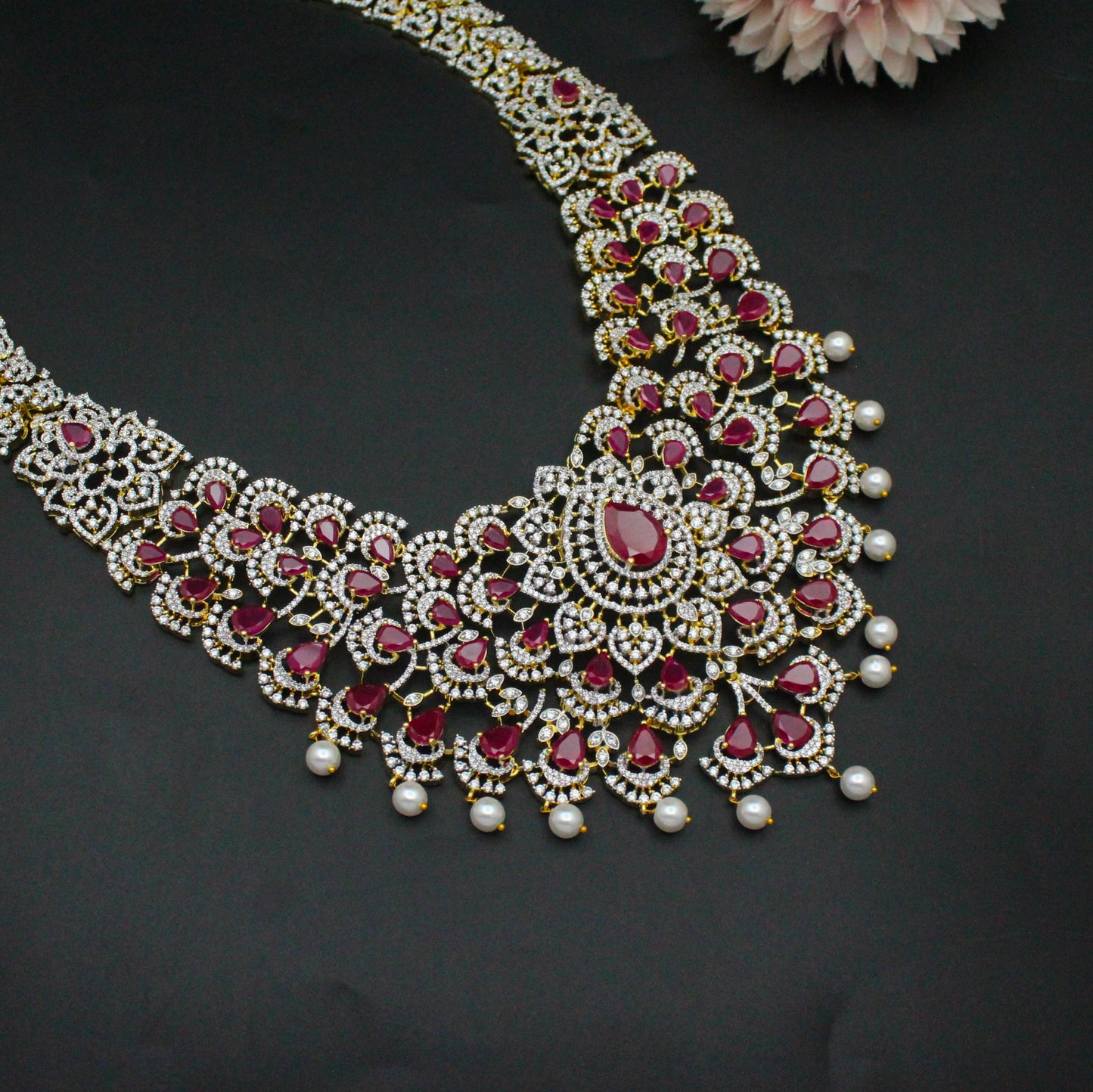 42499 GJ Broad Bridal Long Necklace Set Ruby