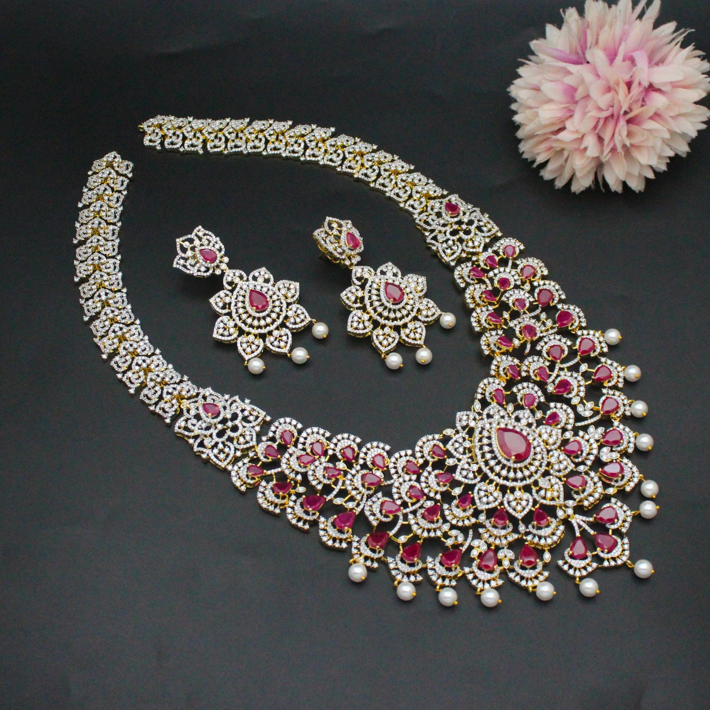 42499 GJ Broad Bridal Long Necklace Set Ruby