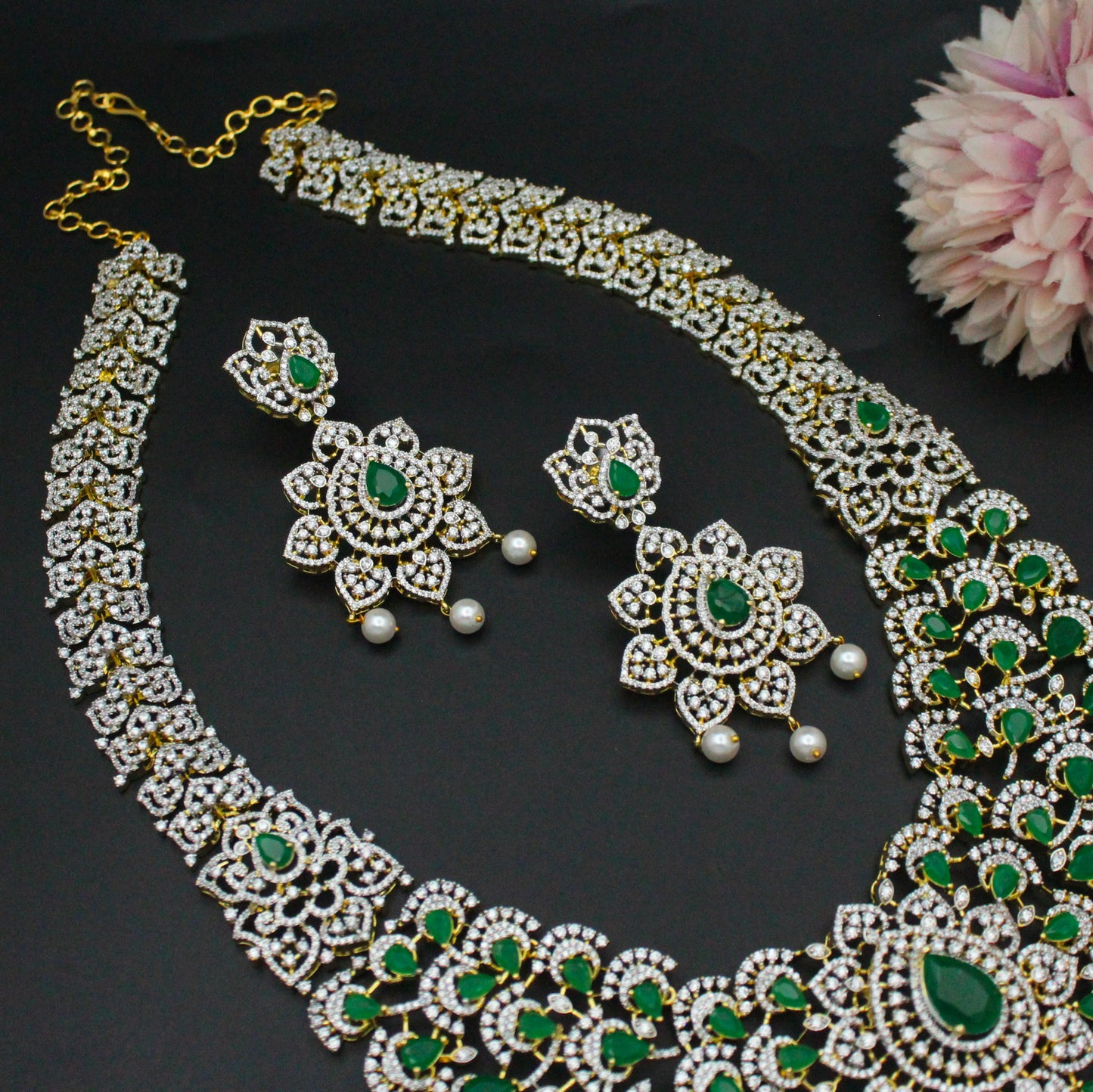 42498 GJ Broad Bridal Long Necklace Set Green