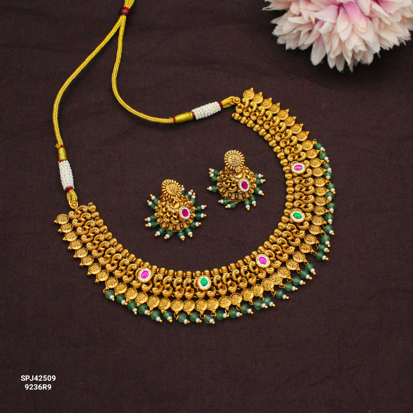 42509 Nakshi Kasulu Short Necklace Set With Green Beads
