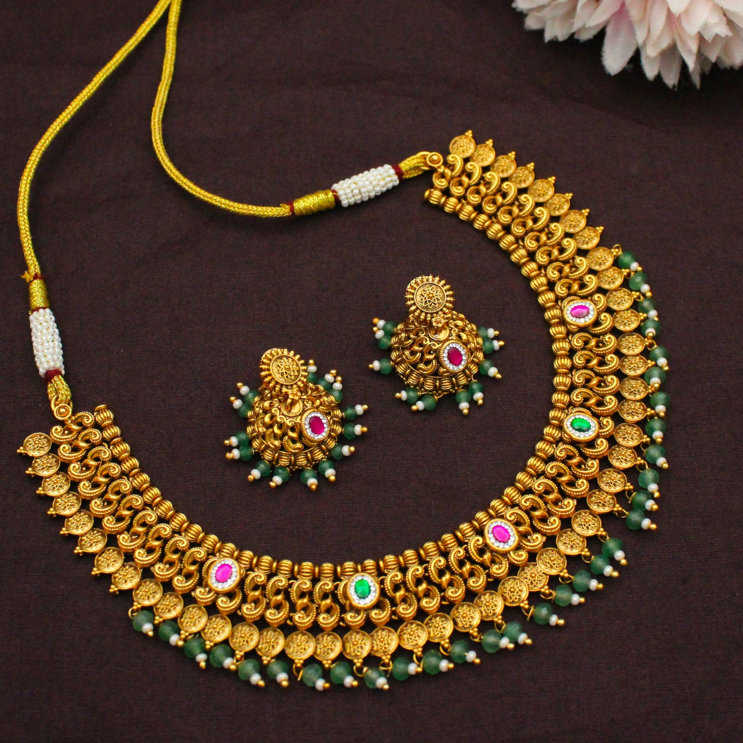 42509 Nakshi Kasulu Short Necklace Set With Green Beads