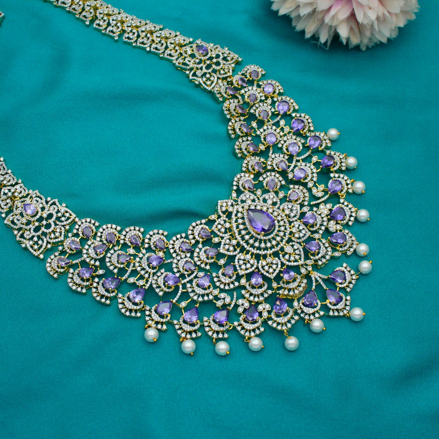 42500 Diamond Look Broad Purple Bridal Necklace Set