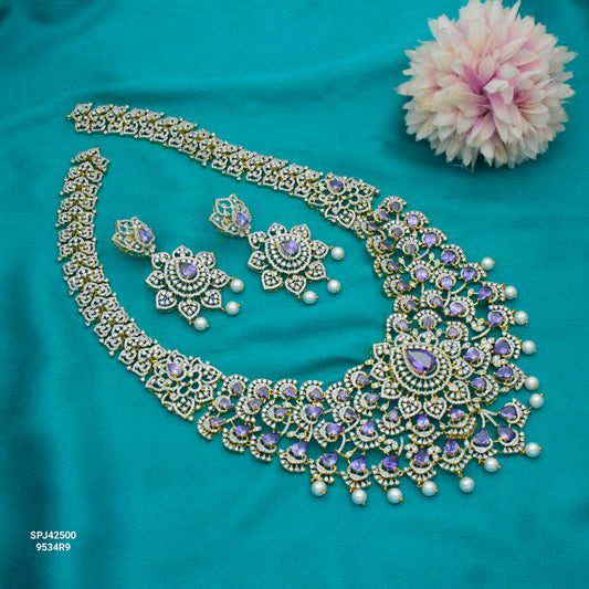 42500 Diamond Look Broad Purple Bridal Necklace Set