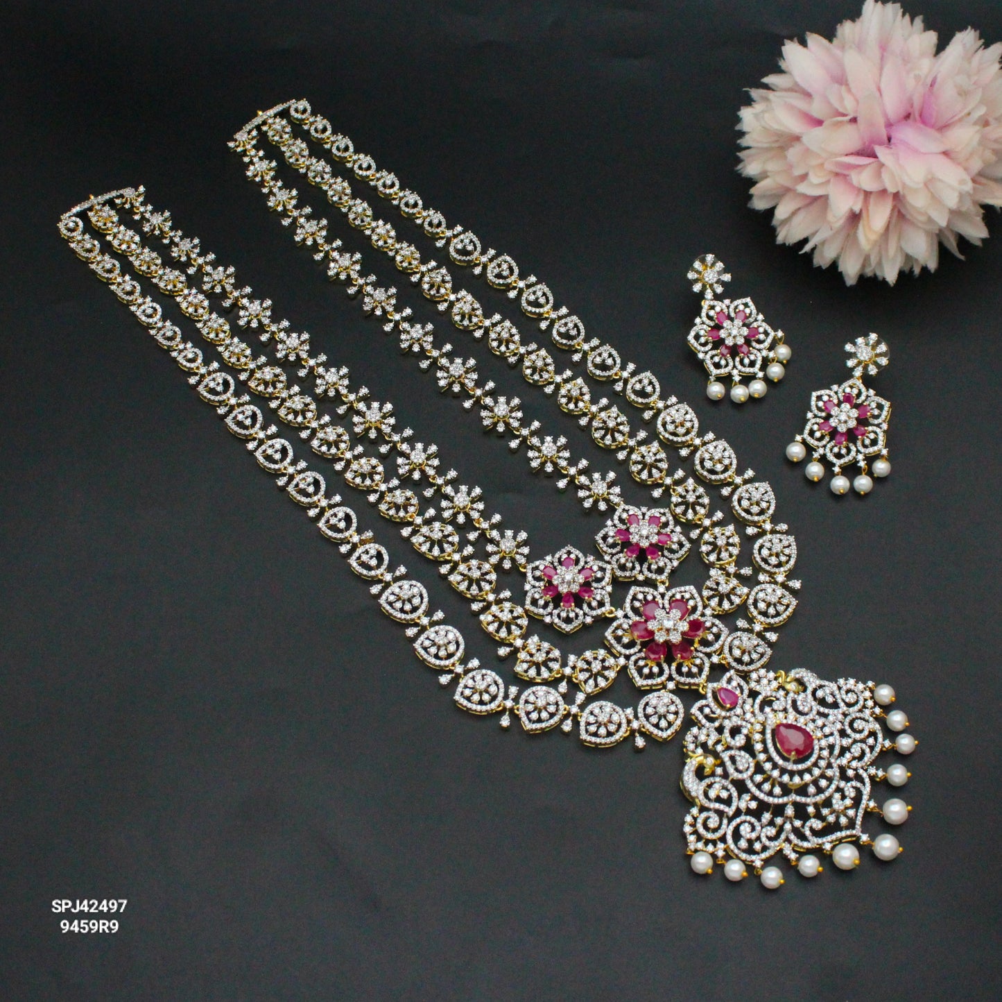 42497 Diamond Look Ruby Stone Floral Pattern Long Necklace Set