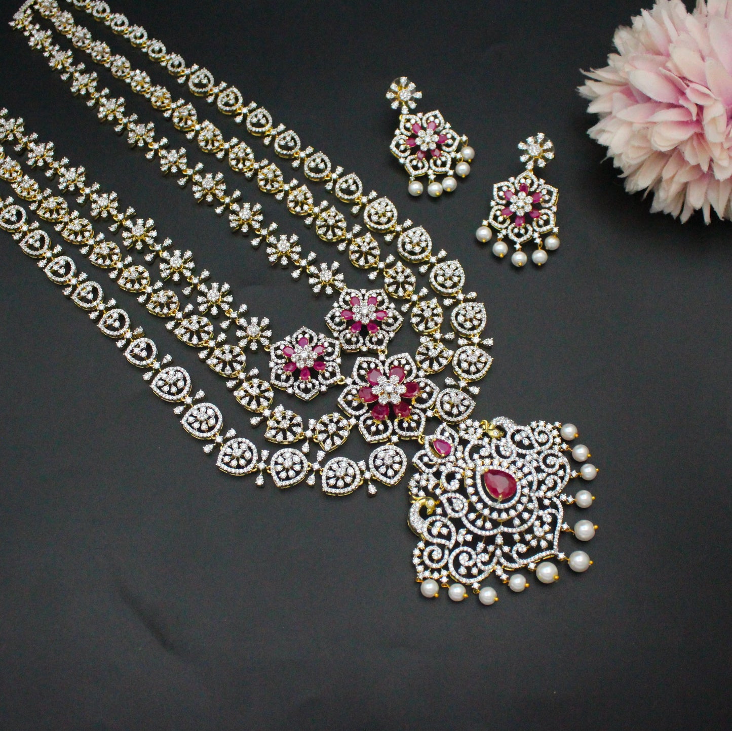 42497 Diamond Look Ruby Stone Floral Pattern Long Necklace Set