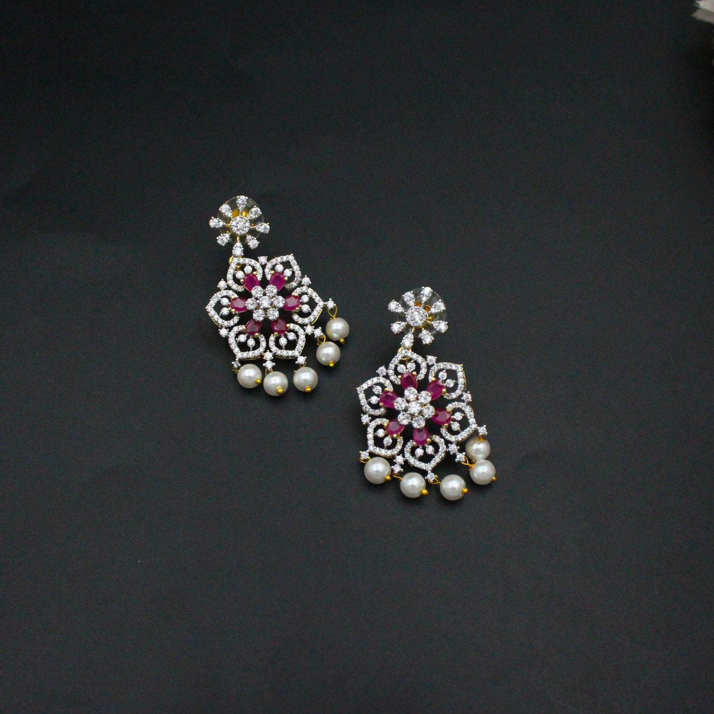 42497 Diamond Look Ruby Stone Floral Pattern Long Necklace Set