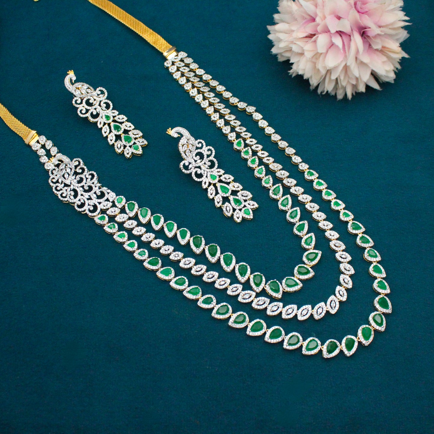 42152 Peacock Fancy 3 Layers Necklace Set With Push Back Earrings