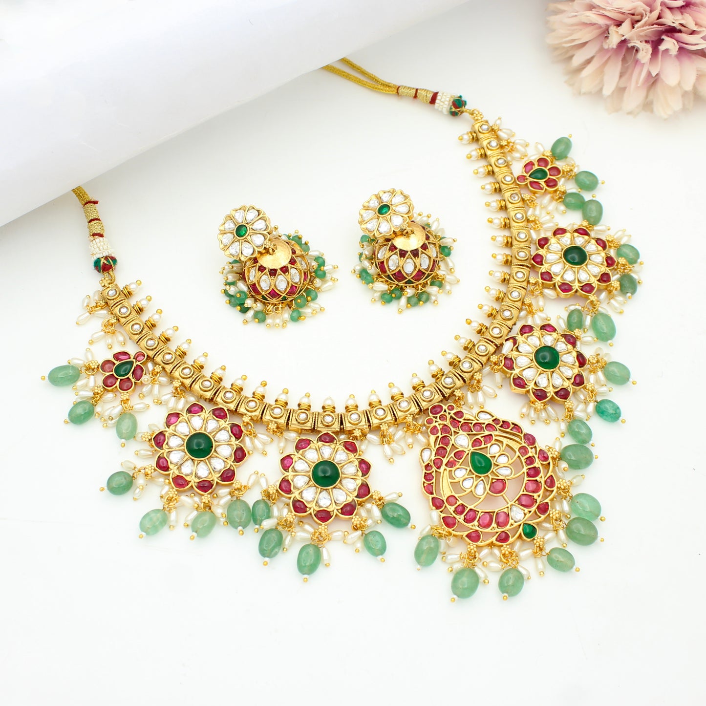 42544 Guttapusalu Broad Short Necklace Set With Russian Beads and Push Back Earrings